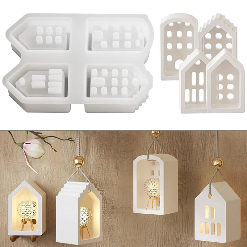 Easter Quadruple 3D House Silicone Candle Stand Mold European-Style House Atmosphere Lamp Aroma Ornament Making Supplies Tool