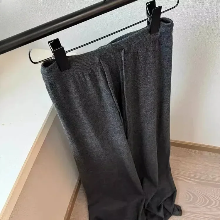 2024 Korean Version of Niche Comfort Wool Dark Gray Elastic Waist Knitted Casual Pants