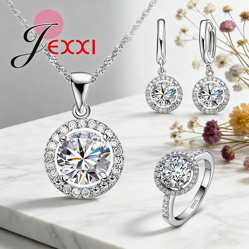 Exquisite Women Wedding Necklace Earring Ring Jewelry Set 925 Sterling Silver Zircon Crystal Jewelry Set