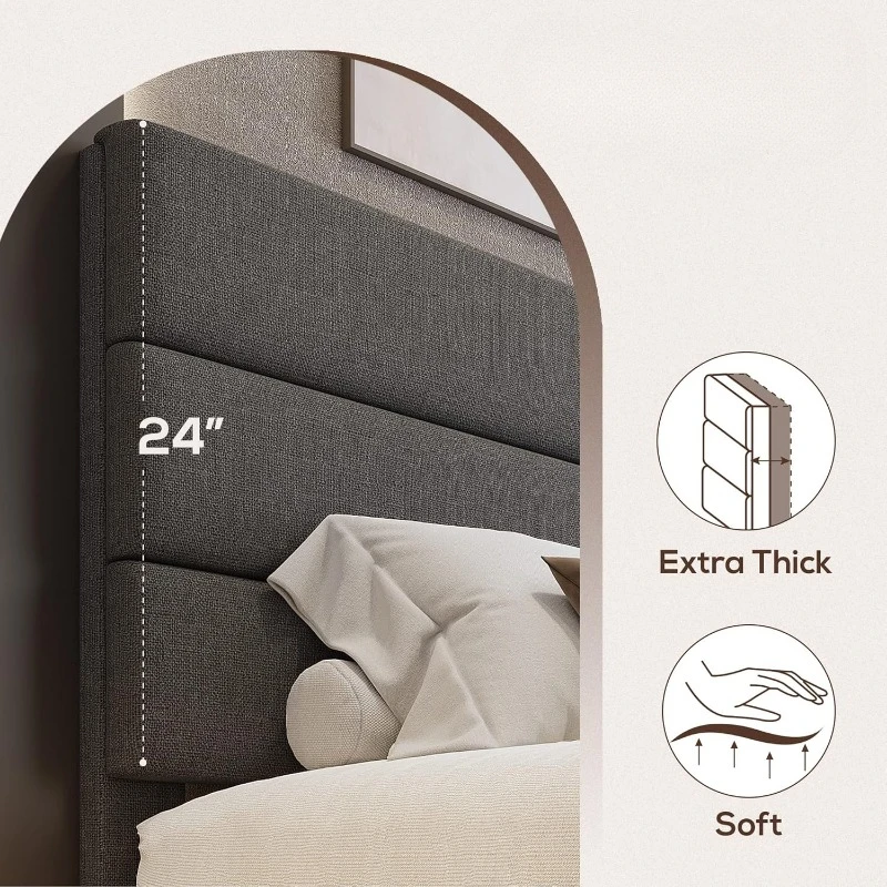 Bed Frame Platform Bed with Linen Fabric Upholstered Headboard and Wooden Slats Support Heavy Duty Mattress Foundation Dark Grey