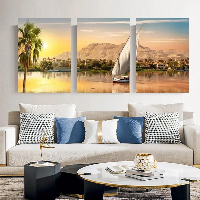 3 Pieces Landscape Great Nile River Panoramic View Boat Lake Canvas Painting Posters and Prints Wall Art Home Decor No Frame