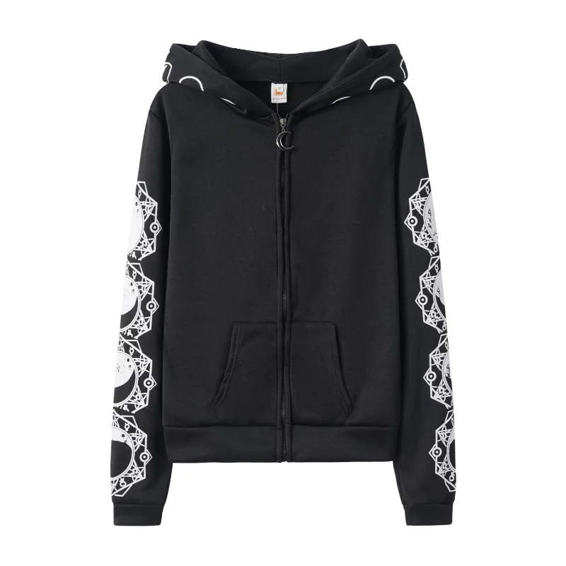 Hot Selling Black Punk Peng Hoodie with Moon Print Long Sleeved Hoodie