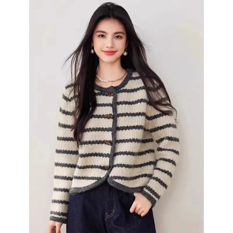 

Casual Stpried Cardigan Sweater Women Knitted Coats Autumn Winter Fashion Female Long Sleeve Knitwear Knit Jacket Tops Cardigans