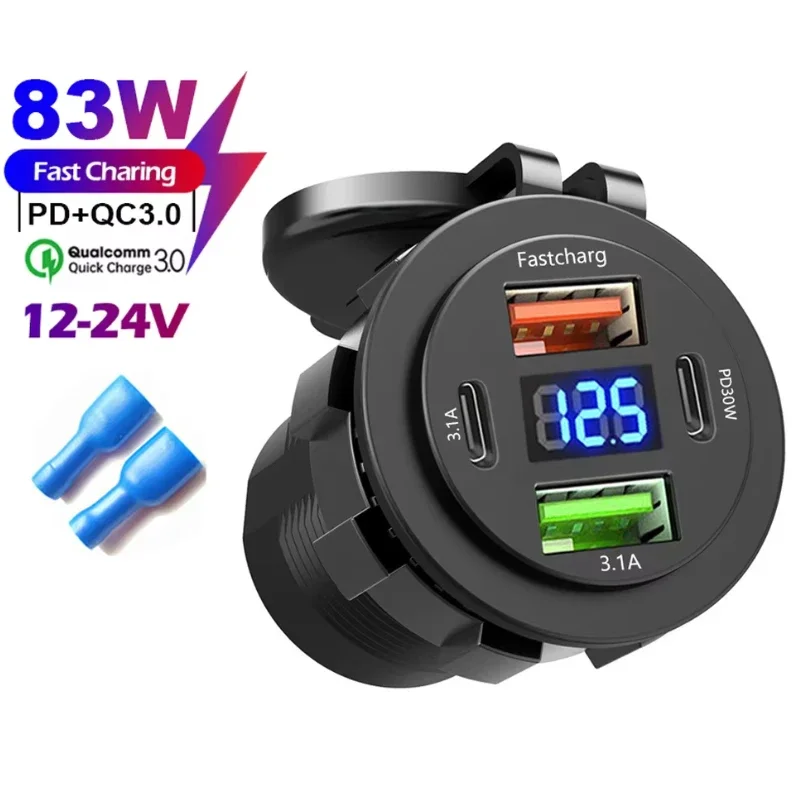 NEUE 4 Ports Dual PD Dual QC 3,0 USB Auto Ladegerät mit Voltmeter Buchse Steckdose Adapter Wasserdicht für 12 V/24 V Auto Boot