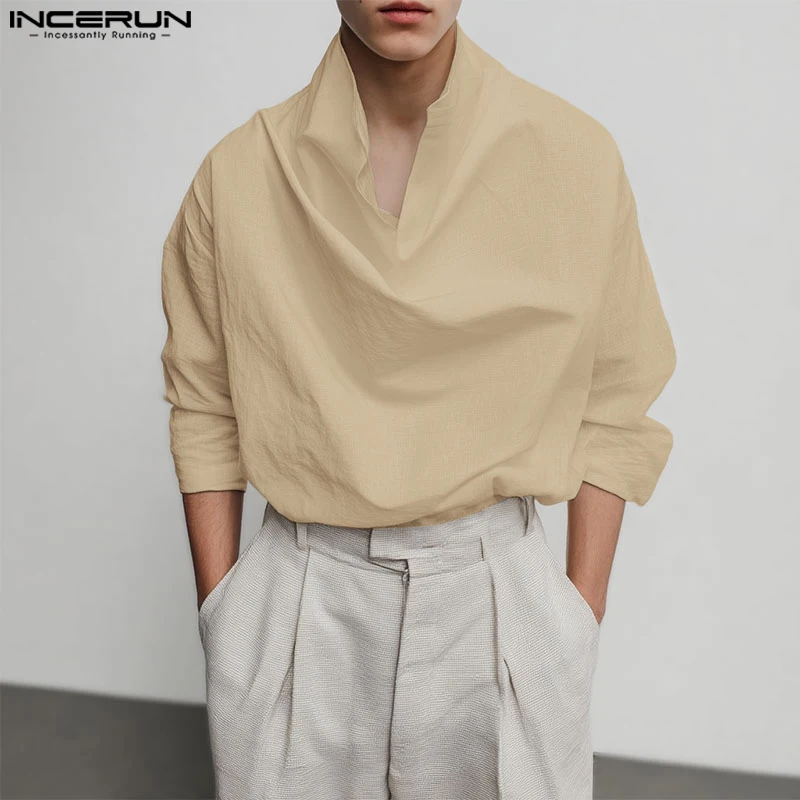 

INCERUN Men Shirt Solid Color Loose Long Sleeve Korean Style Casual Men Clothing Streetwear Leisure Tops Male Shirts 2025 S-5XL