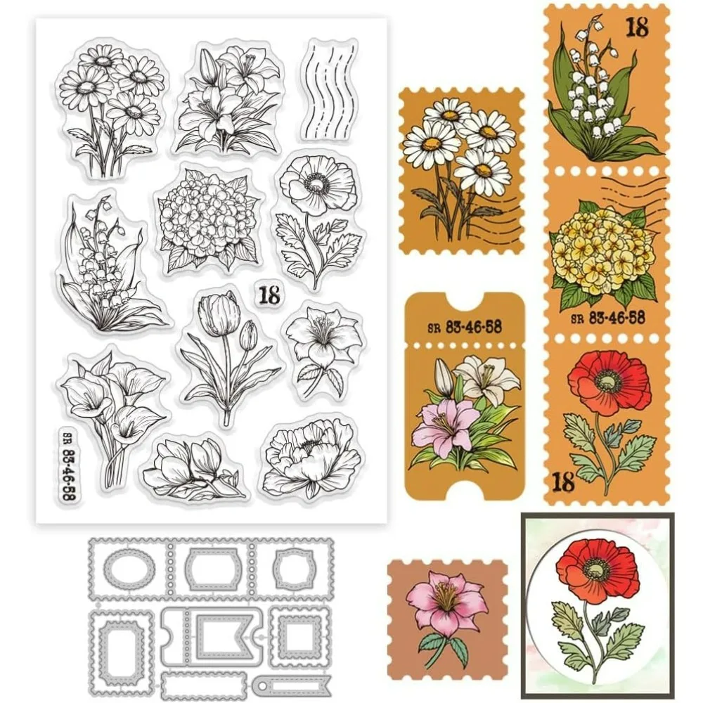 Blumen-Stempel, transparenter Stempel und Stanzformen-Set für die Kartenherstellung, Tulpen, Gänseblümchen, Stempel, Briefmarken, Rahmen