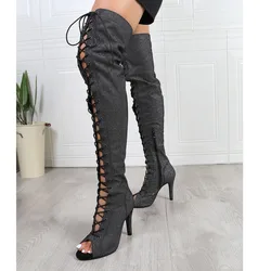 Women Heels  Over the knee Long Boots Lace-up Stilettos Jazz Dance Female Shoes Latin Dancing Outdoor Sexy Stilettos Booties