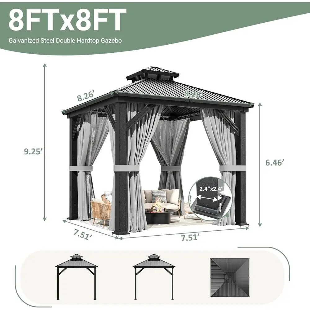 8'x8' Outdoor Metal Gazebo with Galvanized Steel Roof, Curtain, and Netting for Patio or Deck, Grey