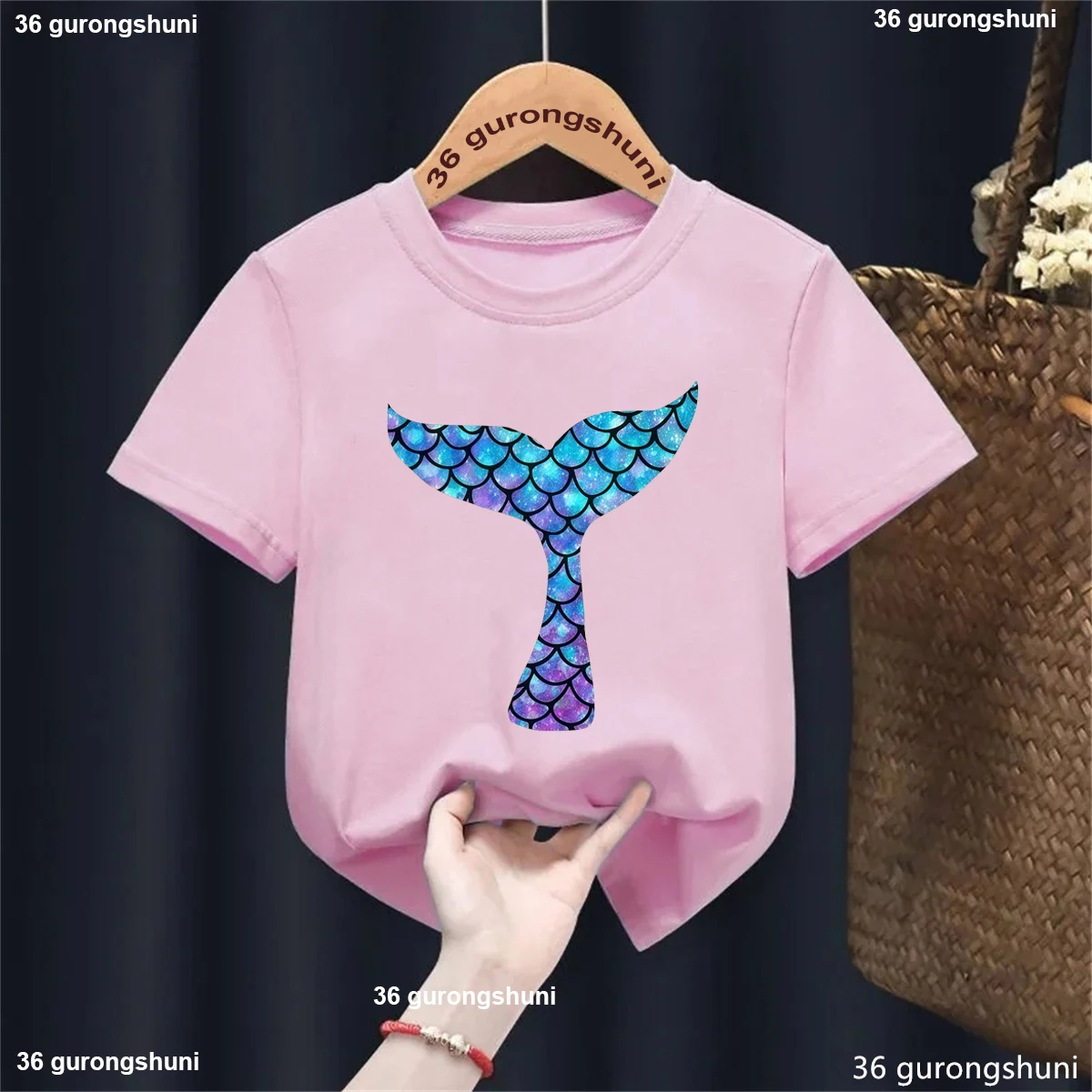 Glitter Mermaid Tail Kids T-Shirt, Green Purple Blue Mermaid Tee, Mermaid Lover Gift Tshirt for Girls, Beach Vacation Shirt Tops