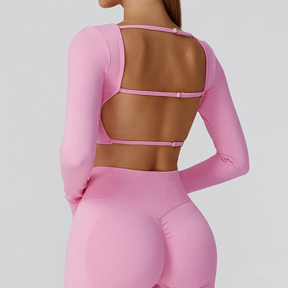 Vêtements de sport décontractés sans couture à séchage rapide pour femmes, col carré, haut de sport, Fitness, haut court, manches longues,