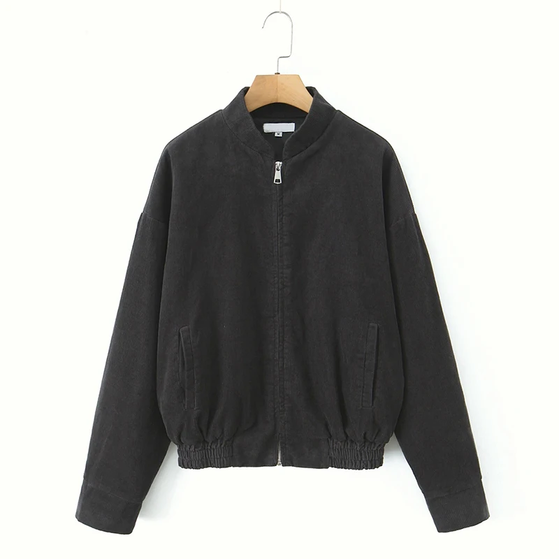 

YENKYE Retro Corduroy Jacket Coat For Women Front Zipper Long Sleeve Dark Gray Autumn Coat Vintage Outerwear