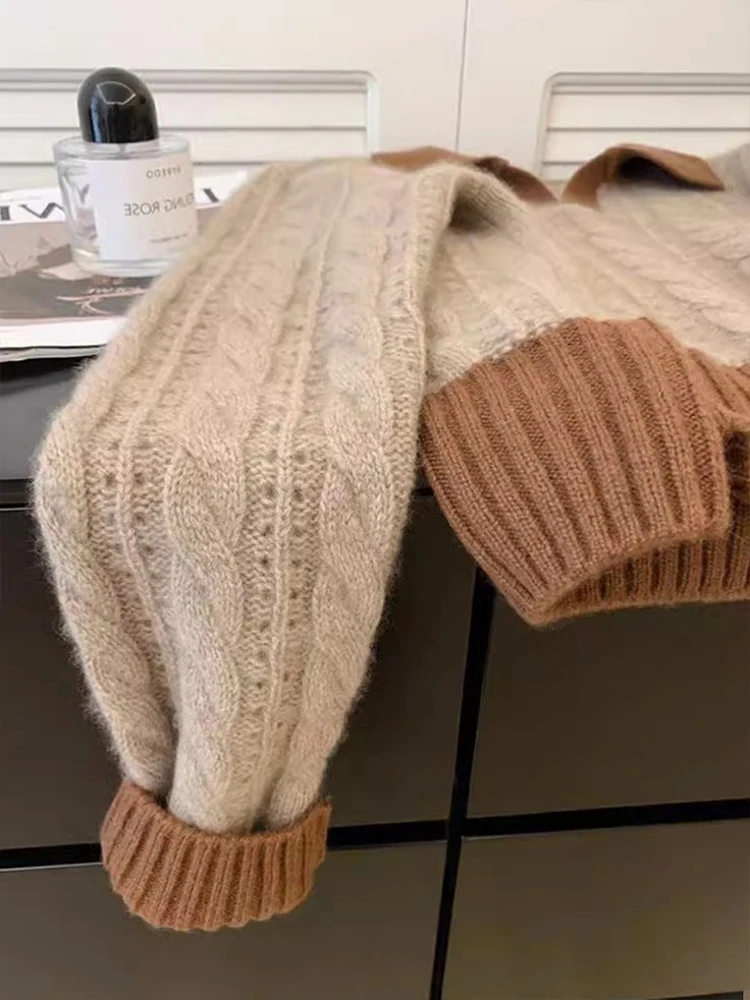 Sweter damski z dzianiny w stylu retro, luźny, swobodny, miękki i przytulny, idealny na wiosnę i jesień, długi rękaw, jednolity kolor.