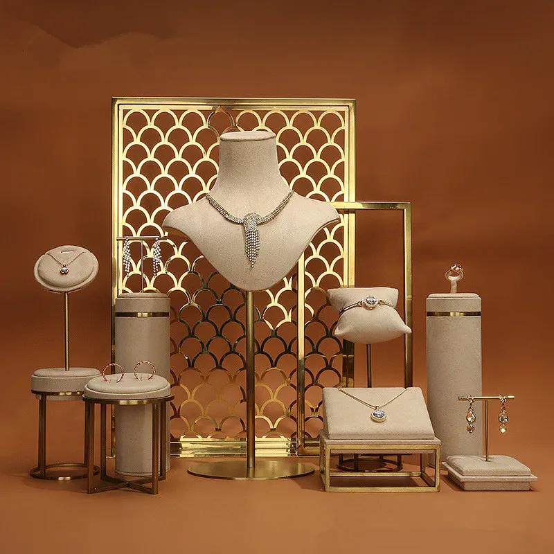 Khaki High-End Metal Jewelry Display Stands Necklace Ring Earring Showcasing Accessories Counter window set display props
