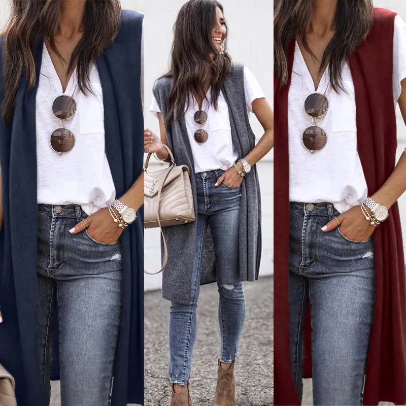 Fashion Women\'s Casual Knitwear Coat Cardigan Trendy Long Sleeveless Vest Jacket