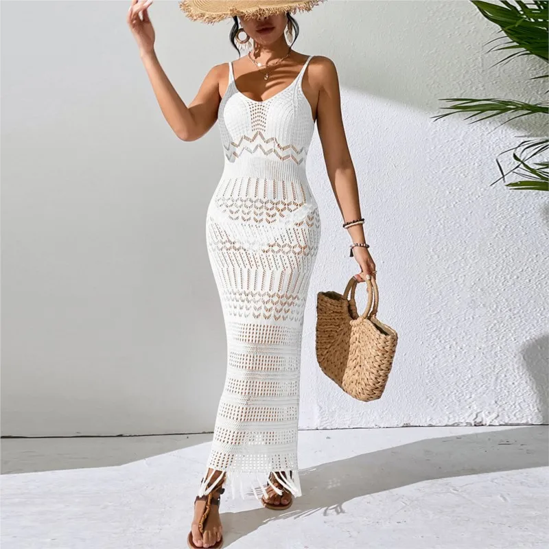 Sexy And Elegant Hollow Out Camisole Long Dress Slim Fit And Slimming Fringe Beach Dress Sleeveless Knitted Vneck Camisole Dress