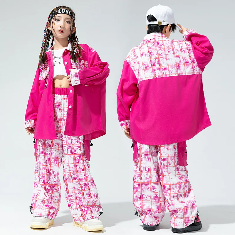 Kid Hip Hop Clothing Rose Oversized Shirt Checkered Print Casual Pockets Cargo Pants for Girl Boy Jazz Dance Costume Clothes Set