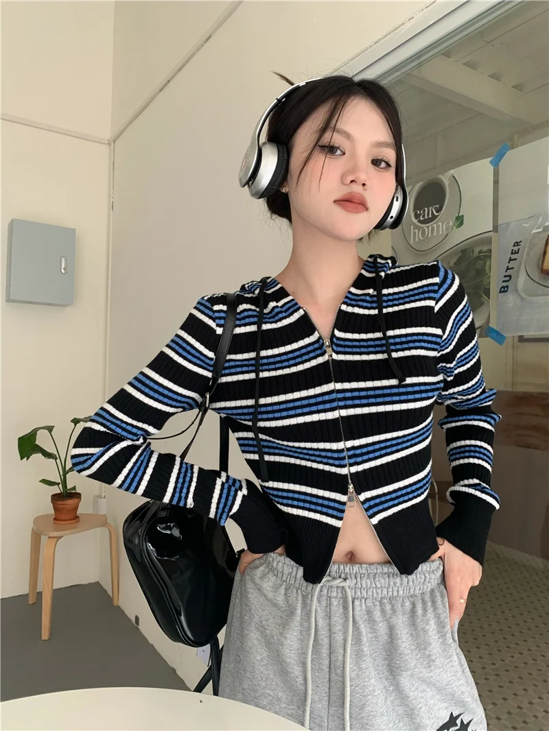 Korean Sle Autumn Winter Striped Color Blo ort Fit Women's Sweatirt Jaet Double Zipper Hooded Commute Friendly