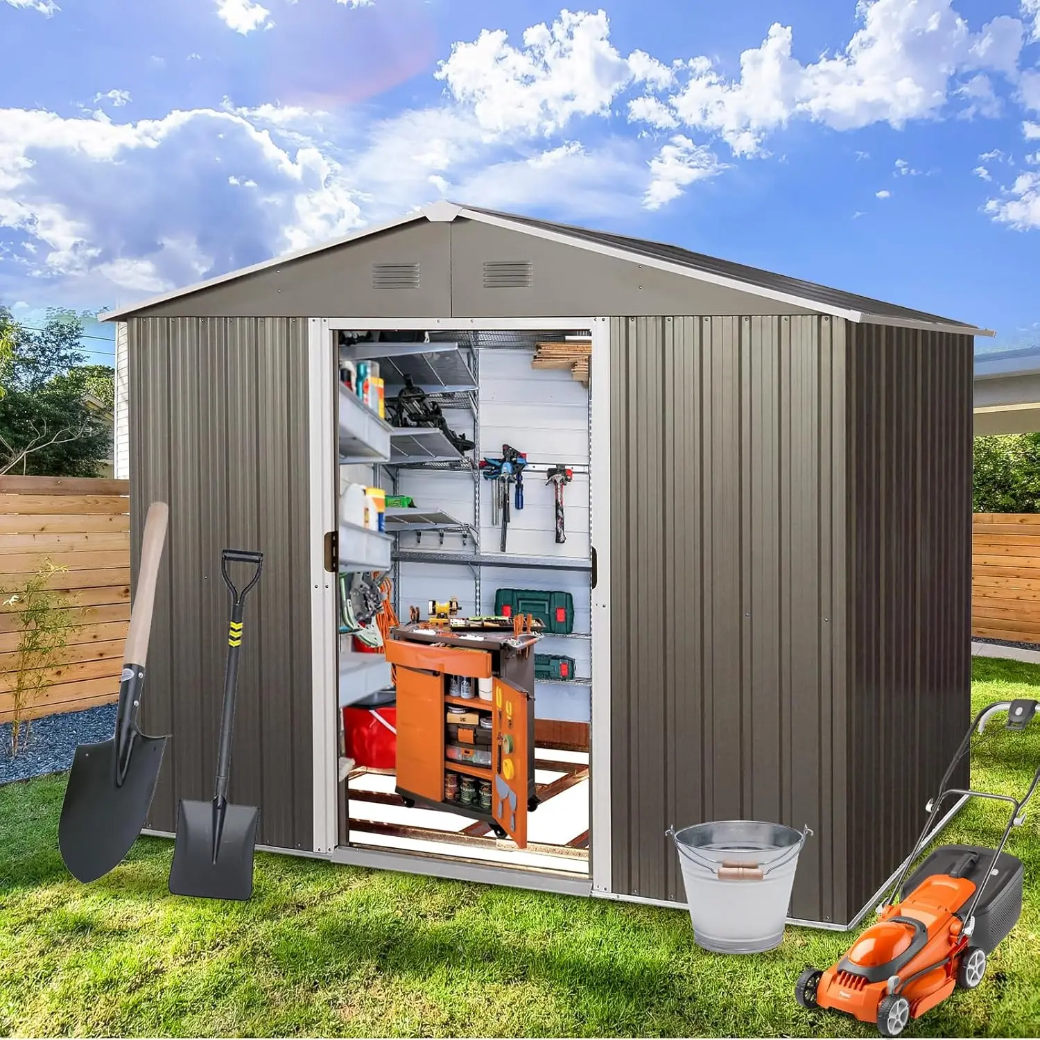 7'x5' Outdoor Metal Storage Shed with Floor Base, 4 Punched Vents and Pad-Lockable Sliding Doors, House w/Eco-Friendly Painting