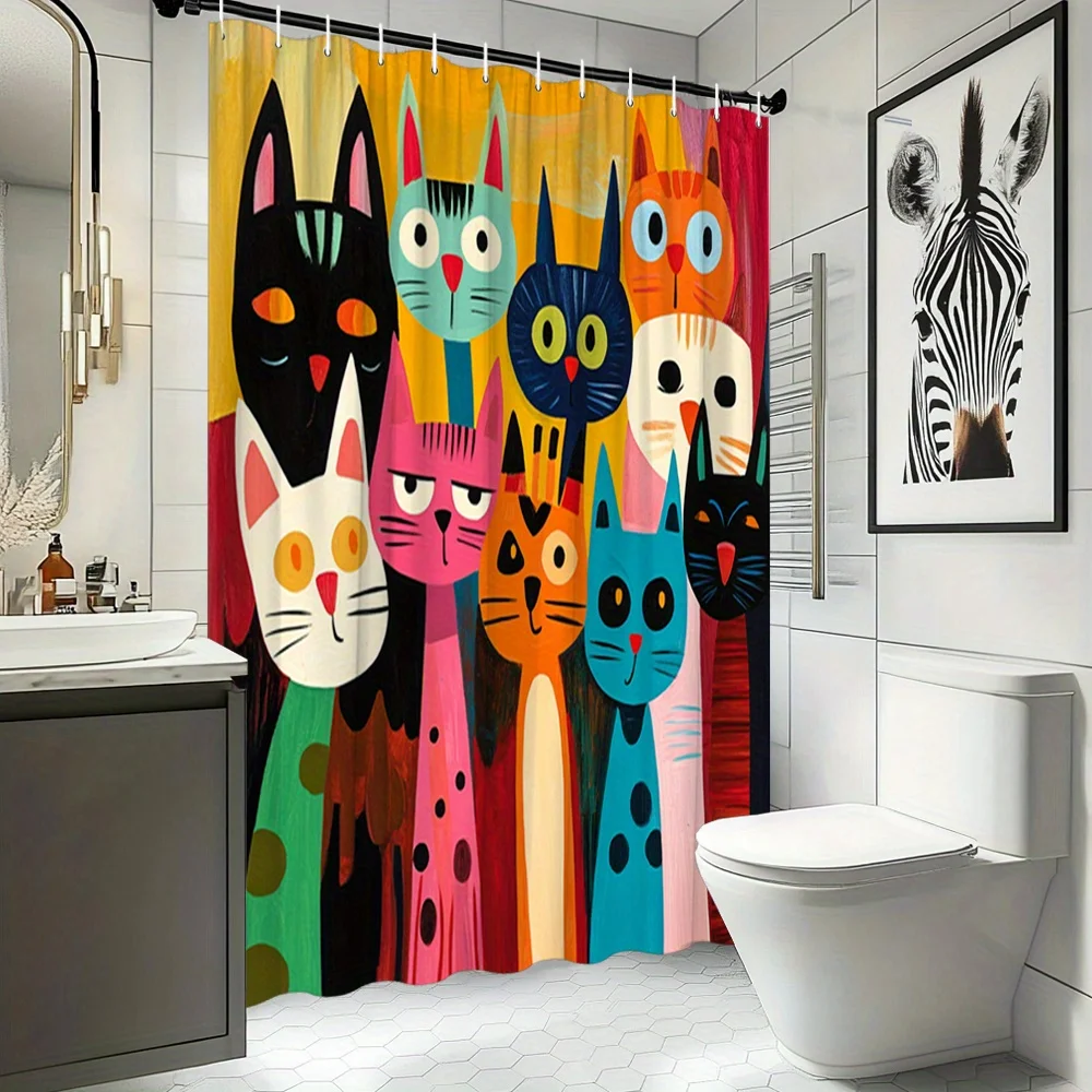 Vibrant Colorful Cats Shower Curtain - Abstract Feline Art, Bold Warm Hues, Mid-Century Modern Design