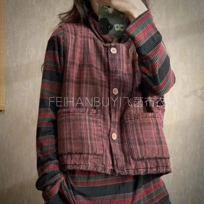 

Новые осенне-зимние женские однобортные короткие пальто без рукавов в стиле искусства с двойными карманами, винтажный клетчатый хлопковый жилет высокого качества
