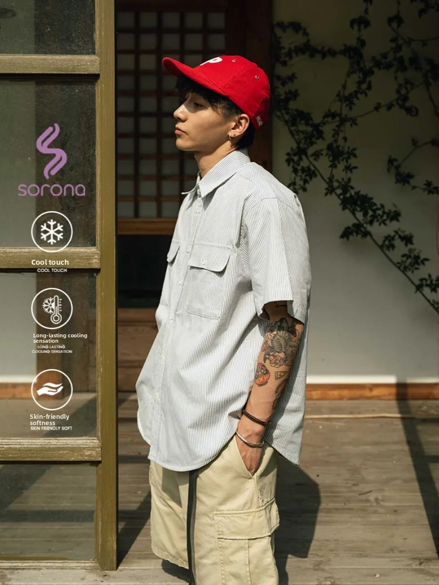 Loose Fit Men's Short Sleeve Shirt Sorona Bubble Fabric Five-Point Dry Fast Cooling Japanese Style Cityboy Casual Summer Shirt