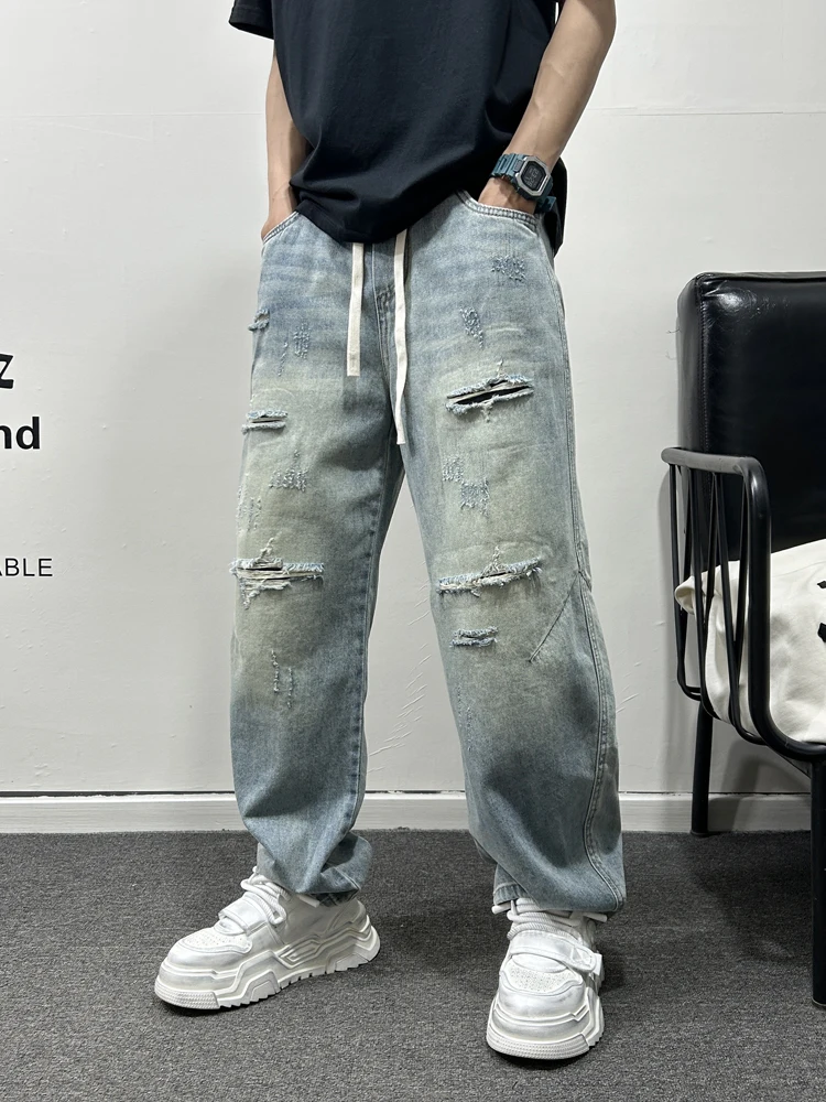 Retro Amerikanische Loch Denim Jeans Männer Sommer Neue Faion High Street Taille Im Freien Messer Hosen Gerade Bein Lose Fit