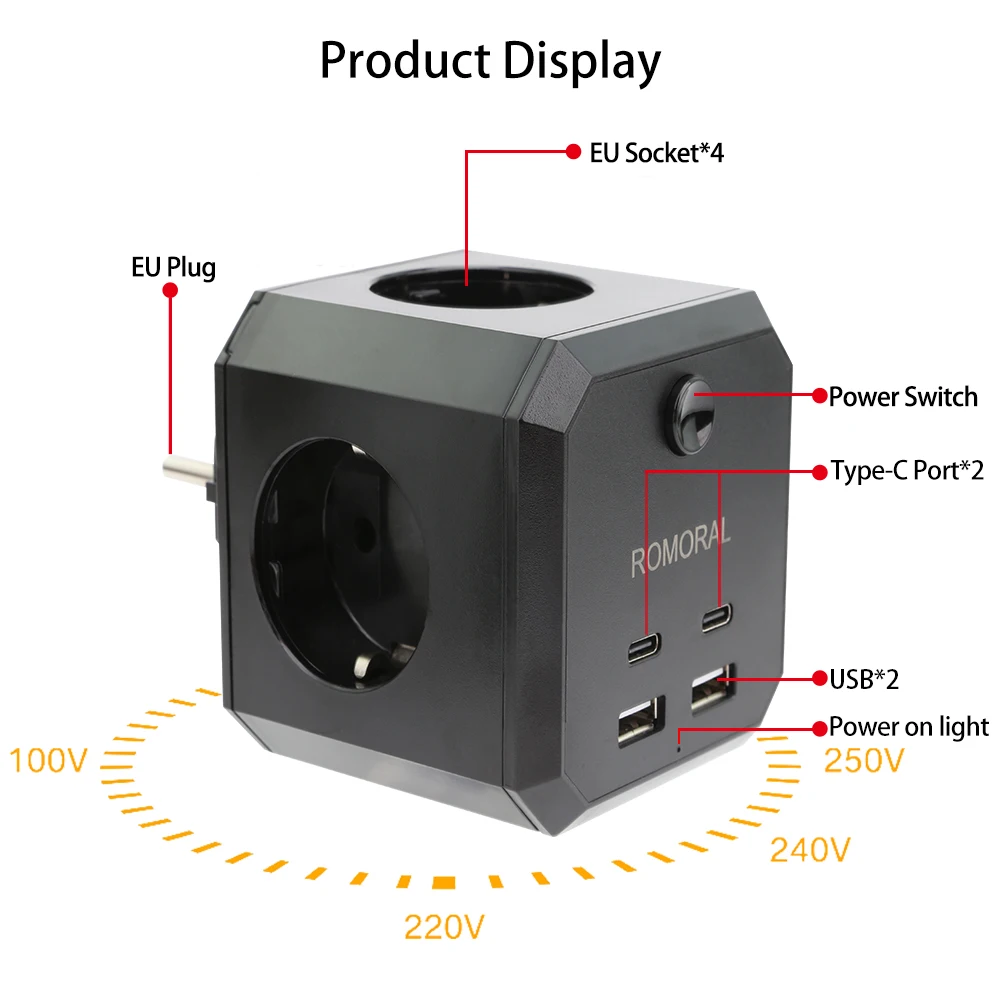 EU Wall Socket Extender with 4 AC Outlets 2USB Ports And 2 Type C 7-in-1 EU Plug Charger On/Off Switch for Home