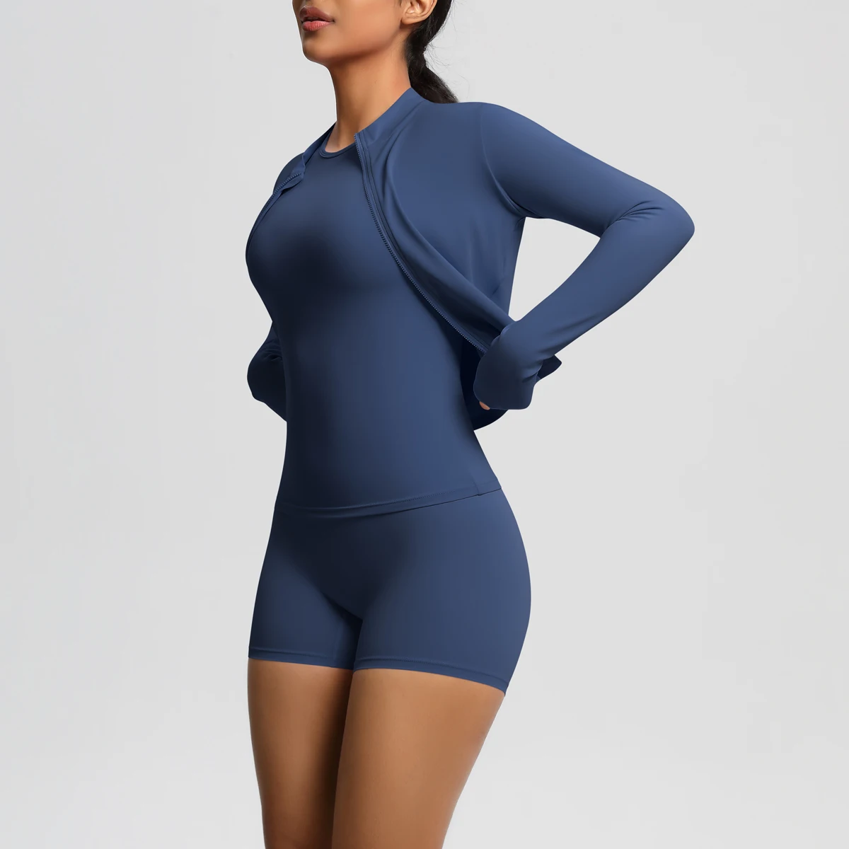 

Комплект шорт для йоги для женщин, однотонная спортивная одежда, бюстгальтер для фитнеса, куртка с длинными рукавами, леггинсы с высокой талией, спортивный костюм