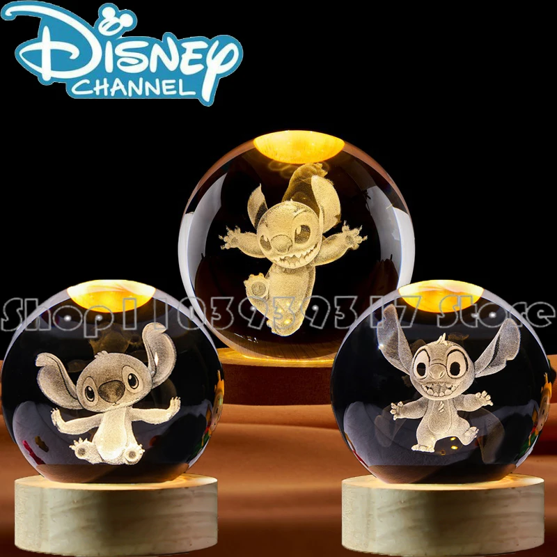 3D Lilo & Stitch Carved Crystal Ball Anime Mickey Disney Accessories Creative Crystal Planet Luminous Tabletop Ornament Gift