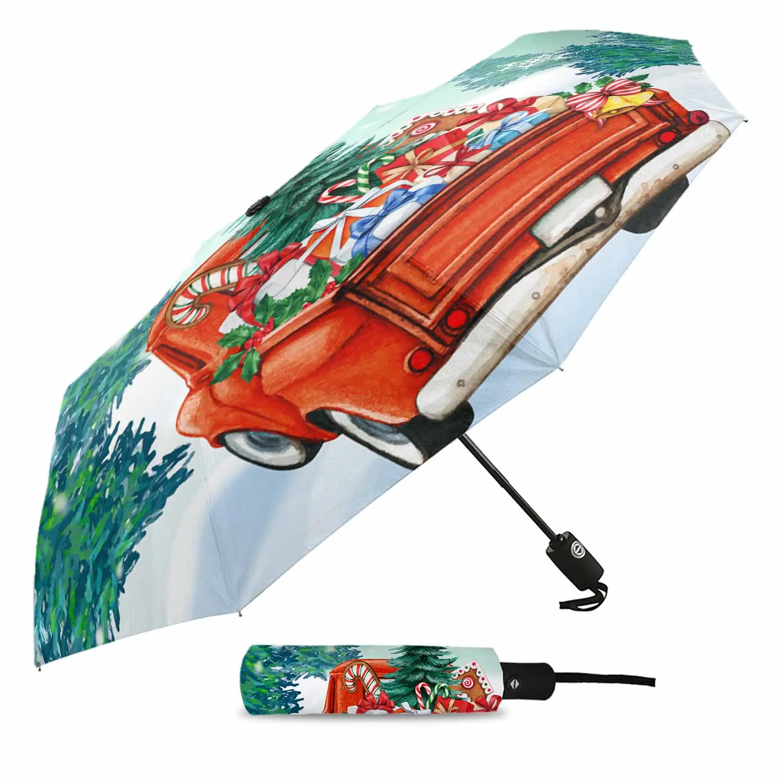 Christmas Truck Gift Forest Snowflakes Outdoor Beach Printed Rain Umbrella for Women Fully-automatic Foldable Sun Umbrella