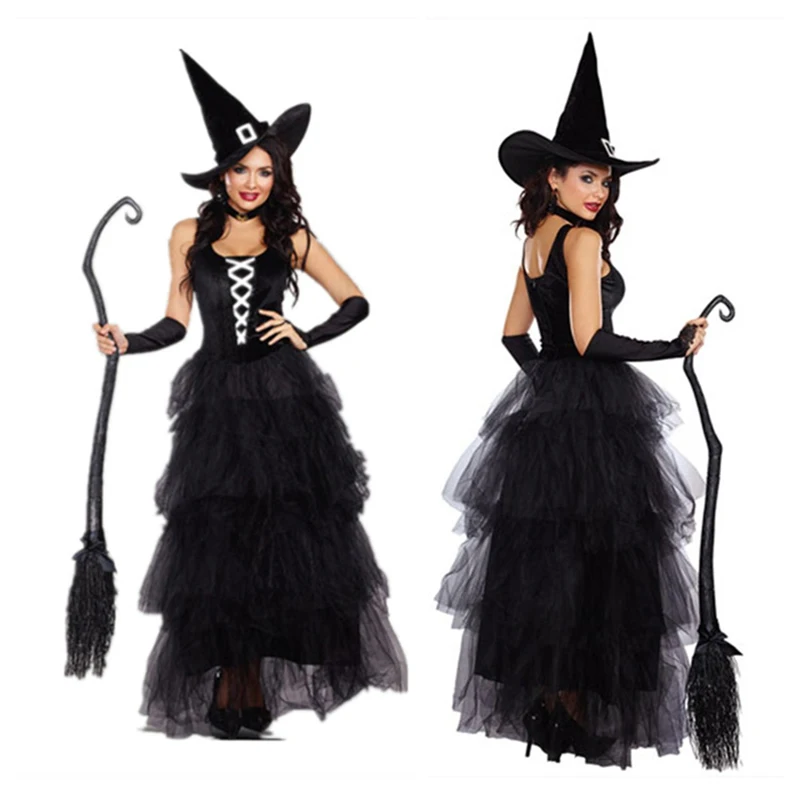 Fatos de Bruxa Halloween para Mulher, Roupa Cosplay Black Wizard, Fantasia Sexy, Masquerade, Festa de Carnaval, Vestidos Performance, Adulto