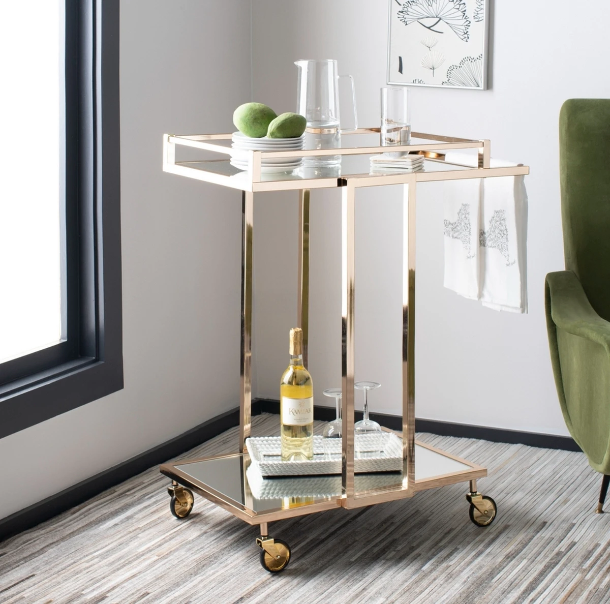 2 Tiers Living Room Modern Luxury Gold Metal Drink Trolley Rolling Bar Carts for the Home