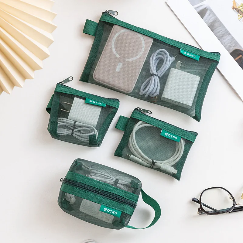 6pcs Transparent Mesh Storage Bag Data Cable Digital Bag Coin Purse Card Key Bus Card Headphone Bag Charging Head Bag