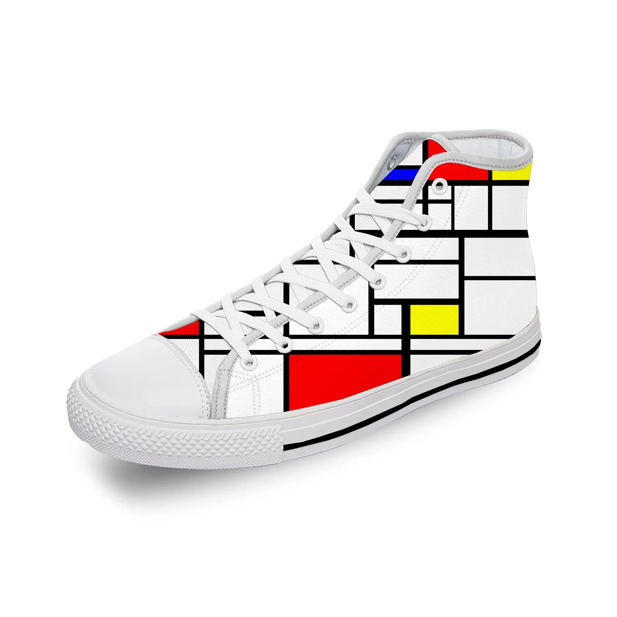 Mondrian Abstract Art Aesthetic White Cloth Fashion 3D Print High Top Canvas Shoes Men Women Lightweight Breathable Sneakers