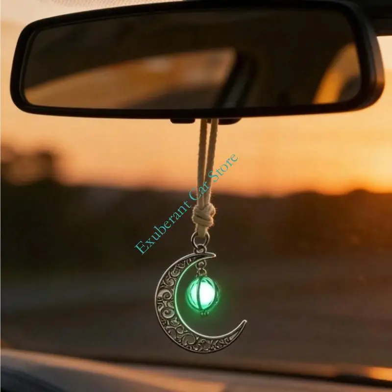 Car Ornament Glowing Moon Pendant, Metal Look, and Attached Cord for Vehicle Interior Mirror Area Decoration