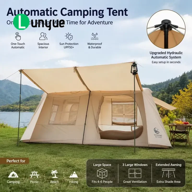 Automatic Camping Tent with Built-in LED Lights Quick Setup Double Layer Rain Shelter for Backpacking Hiking Outdoor