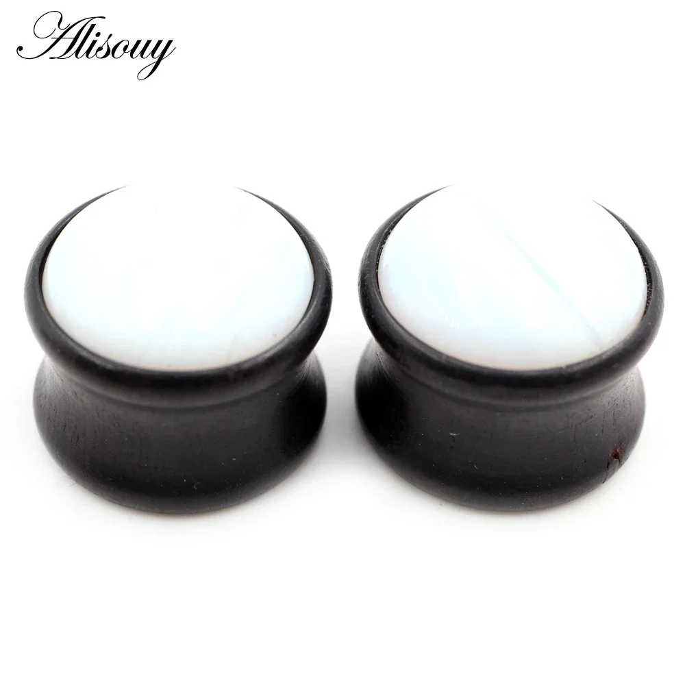 Alisouy 2PC Natural Wood Opal Stone Flared Ear Plugs Tunnels Ear Stretcher Guages Earrings Expander Piercing Body Jewelry 6-16mm