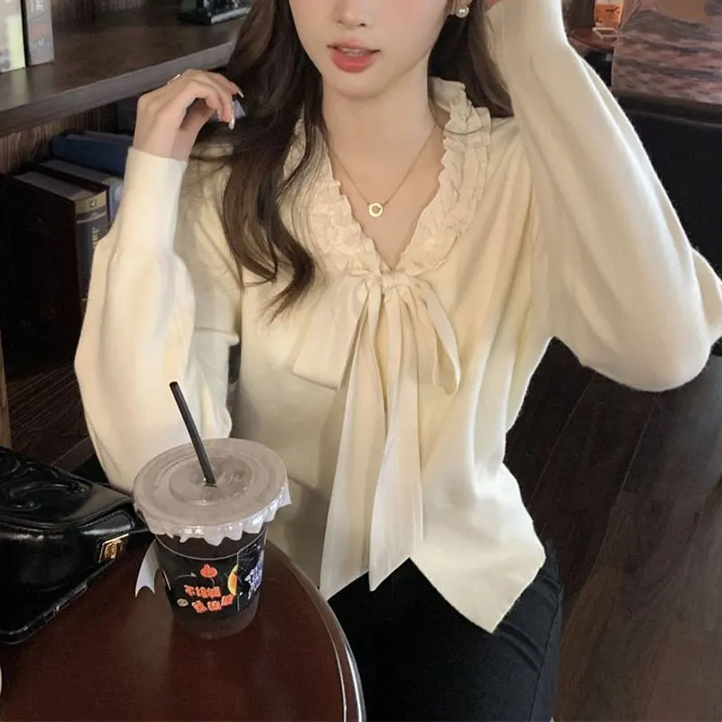 Autumn Winter Sweet Bandage Bow Shirt Stylish Folds Spliced Women\'s Clothing Korean Slim Solid Color All-match Knitted Blouse