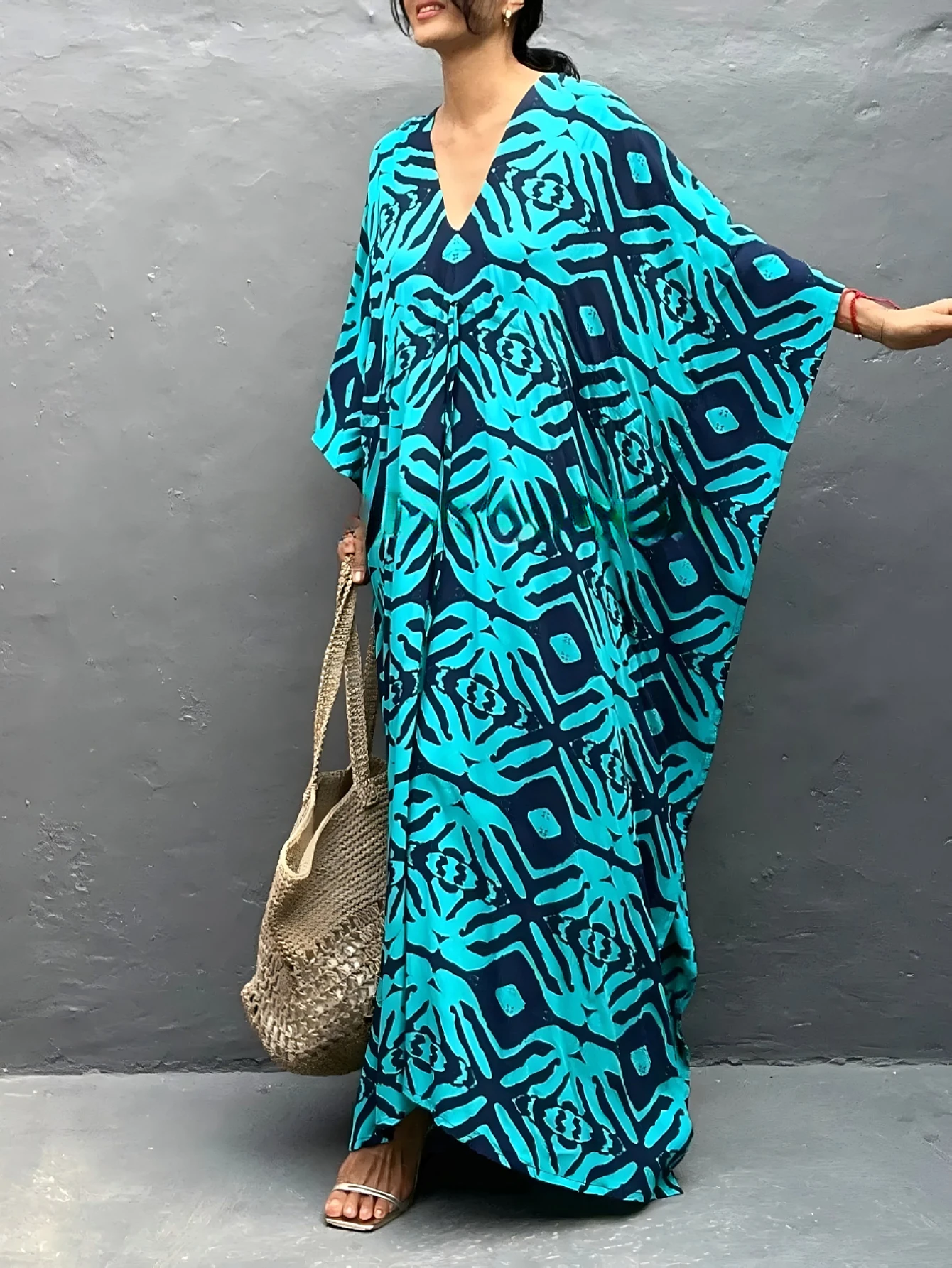 

Women's Summer Bohemian Beach-style Geometric Pattern Printed V-neck Drawstring Vacation Dress Bikini Cover-up