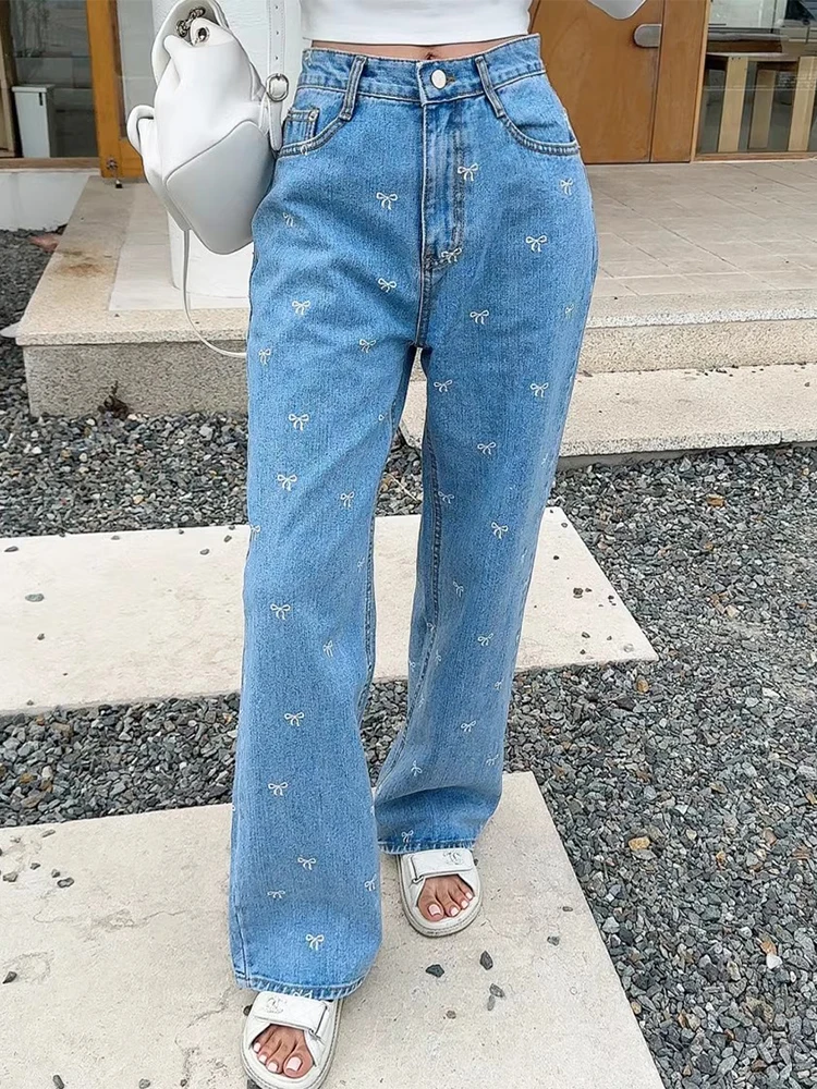 Chic High Waist Straight Leg Denim Pants Women's Summer Fashion  Knot Print Hole Design Slimming Long Trousers