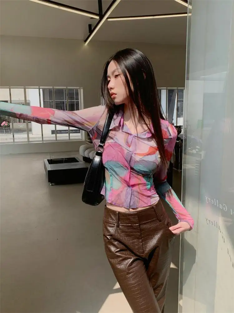 Yedinas Print Shirt Women Long Sleeve Crop Top See Through Button Up Blouse Women Thin Mesh Tops Spring Summer Y2k Shirts 2023