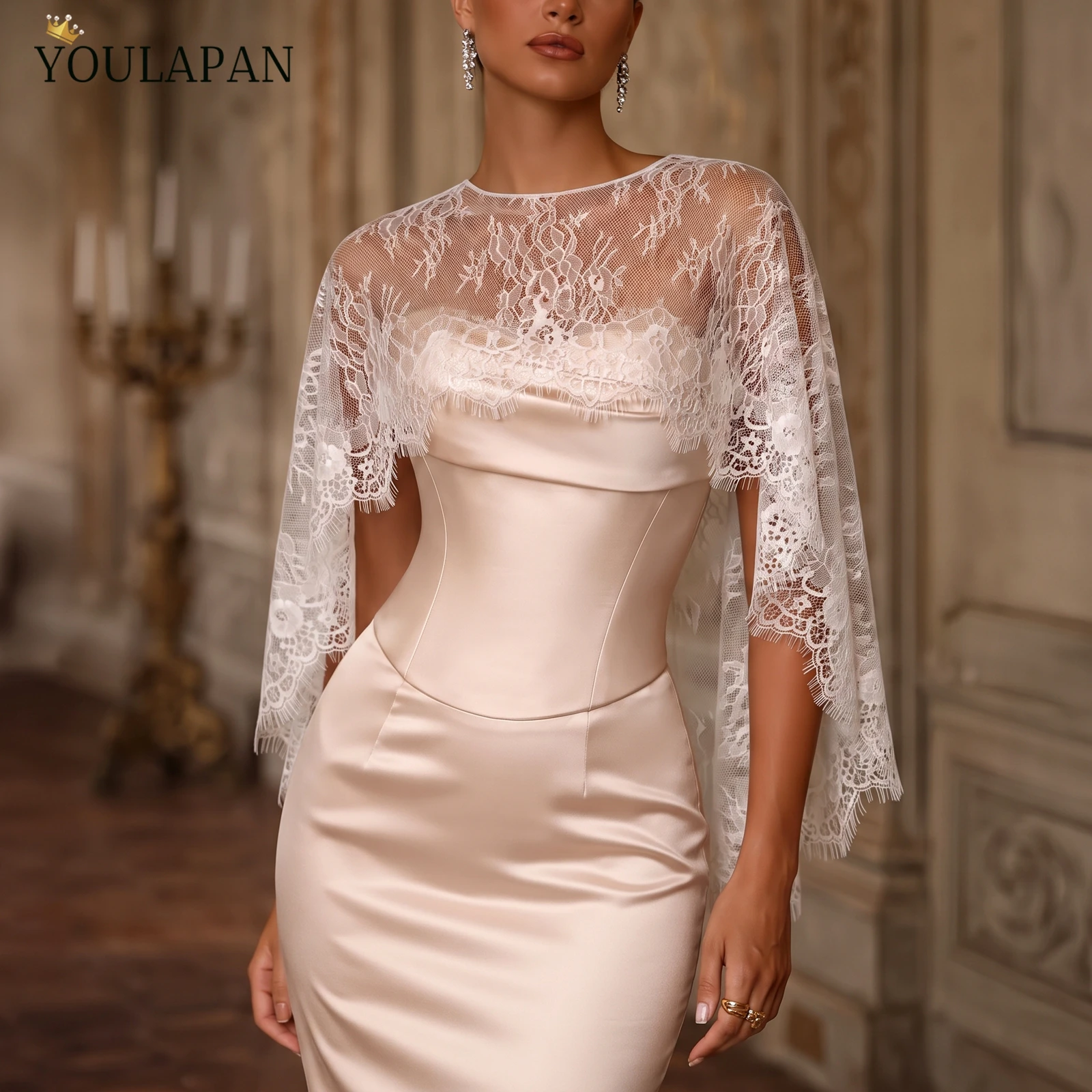 TOPQUEEN Lace Bridal Cape White Floral Lace Wedding Shawl With Pearl Button Chal De Novia Свадебный Плед Для Невесты VG153