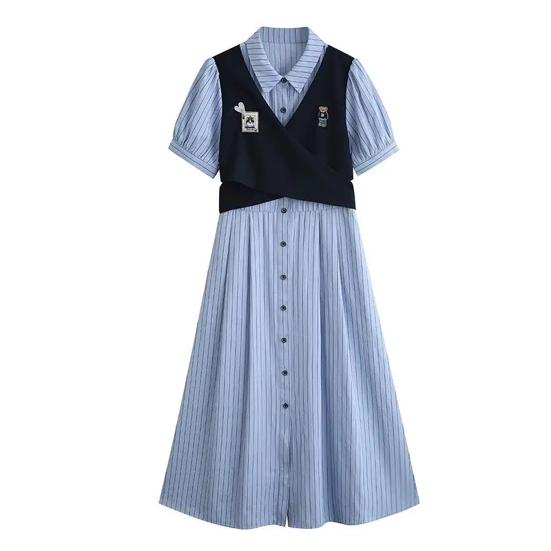 MAGOGO الصيف الفرنسية كلية نمط مخطط قميص فستان المرأة السببية Kawaii التطريز وهمية قطعتين المرقعة فستان طويل نحيف