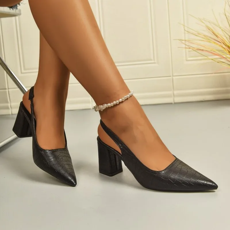 Women's Slingbacks Pointed Toe Chunky Heel Croc Embossed Dress Shoes Elegant Footwear For Classic Office Lady Business Meeting