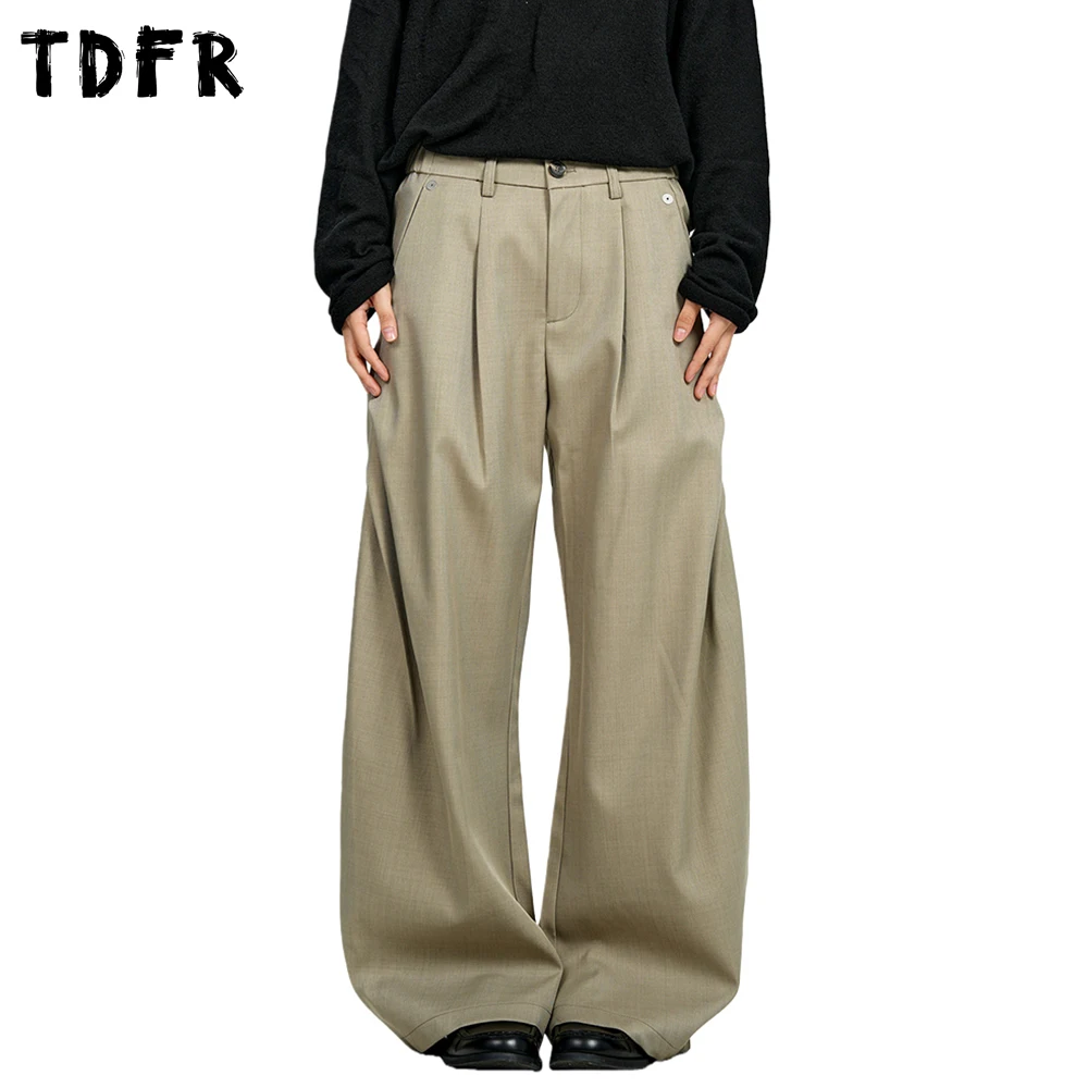 

Multi-Pocket Pleated Casual Suit Pants Mens Retro Solid Color Elastic Waist Wide Leg Baggy Trousers Man