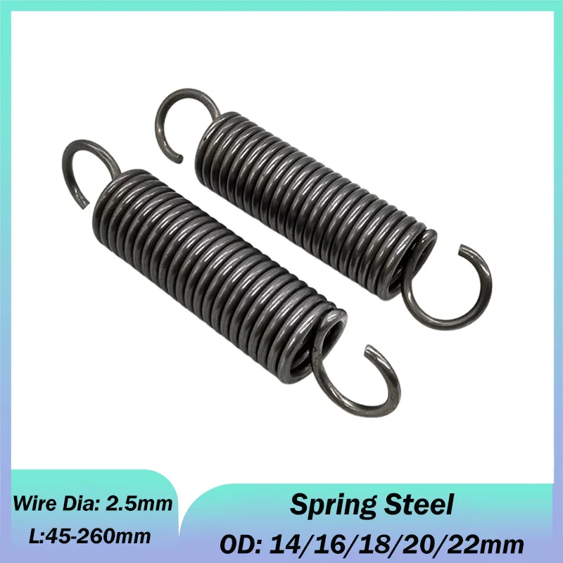 1pcs Wire Diameter 2.5mm Spring Steel Opening Hook Stretching and Pulling Back Coil Spring OD: 14/16/18/20/22mm Length 45-260mm