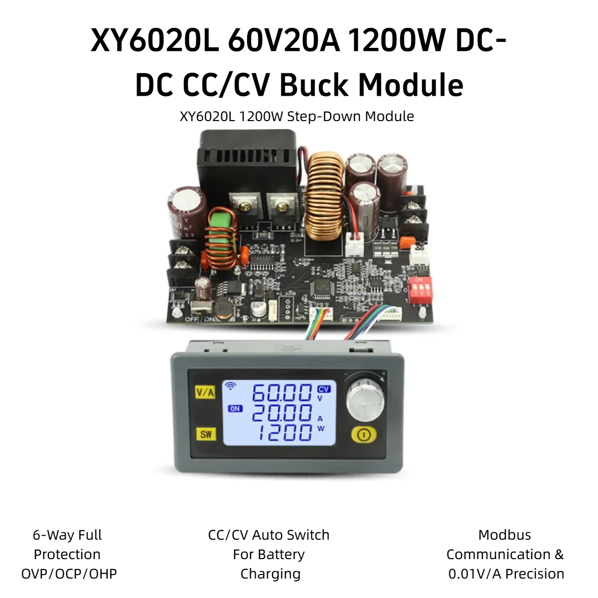 Módulo Regulador de Carga Solar XY6020L 60V20A 1200W DC-DC Buck CC CV Step Down con Pantalla LCD y Modbus para Laboratorio