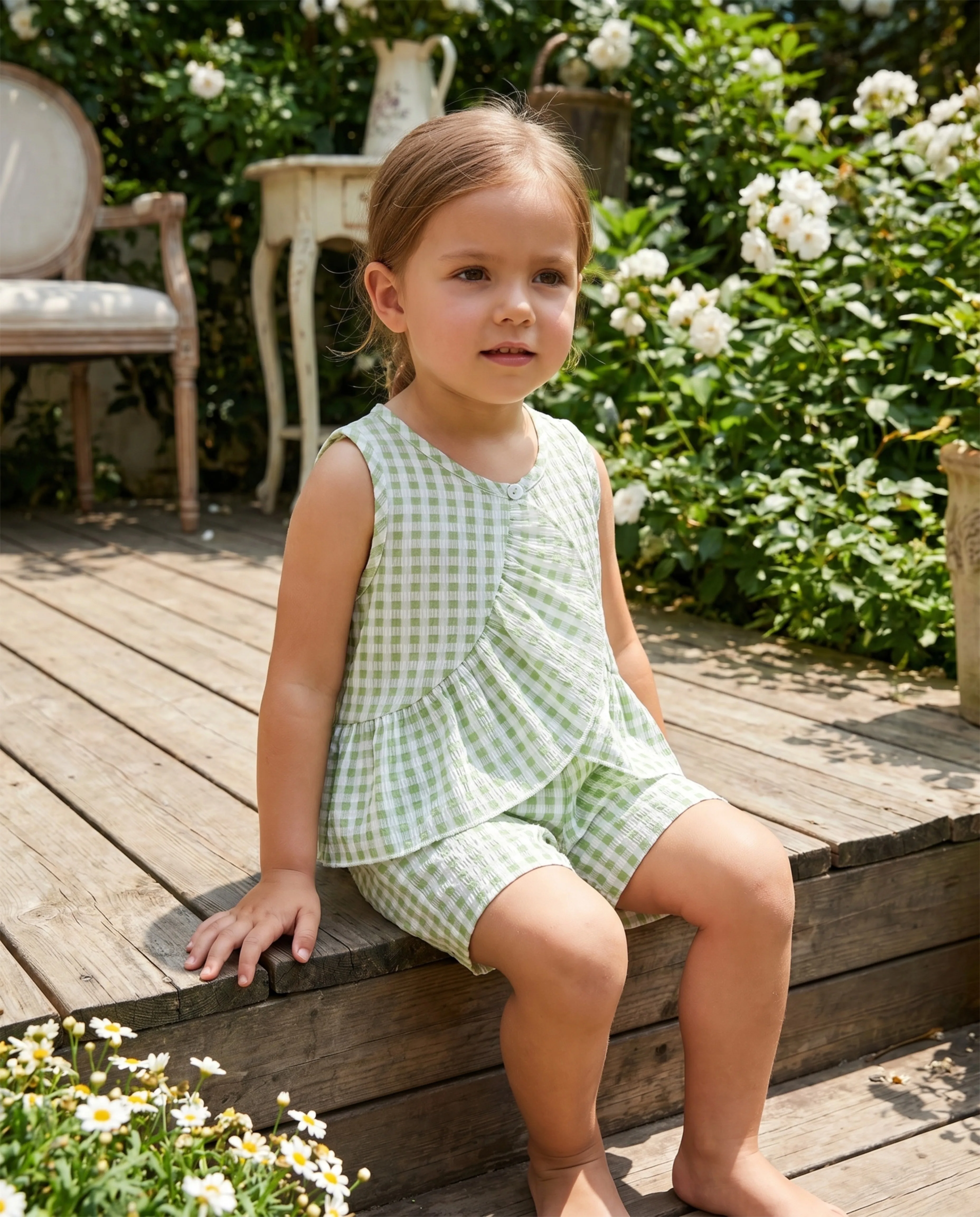 2-teiliges Sommer-Set für Mädchen mit grünem Gingham-Rüschenmuster, ärmelloses Oberteil + Shorts, süßer, lässiger Stil, Alltags-/Outdoor-Bekleidung, 1–6 Jahre, atmungsaktiv – Detail 1
