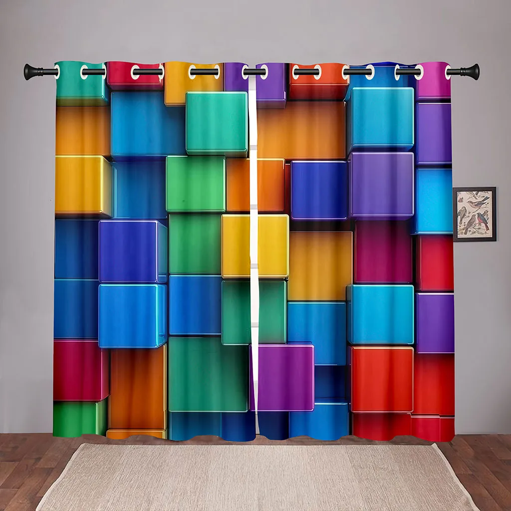 

2 Pcs Multicolor Square Curtains Modern Abstract Art Print Living Room Bedroom Study Sun Shade Curtains Creative Home Decoration