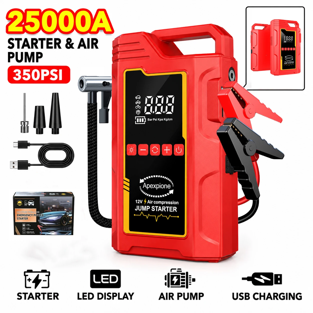 25000A Peak Portable Car Emergency Starter Air Compressor with 350PSI Tire Inflation Function, Portable Battery Booster Pack, Featuring Emergency Start, Tire Inflation, USB Input/Output, LED Lighting, LCD Digital Display - A Multi-functional Automotive R